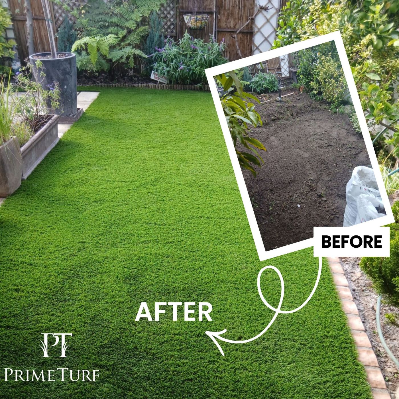 A garden lawn finished in artificial grass, with the inset photograph showing the same area as bare soil before installation