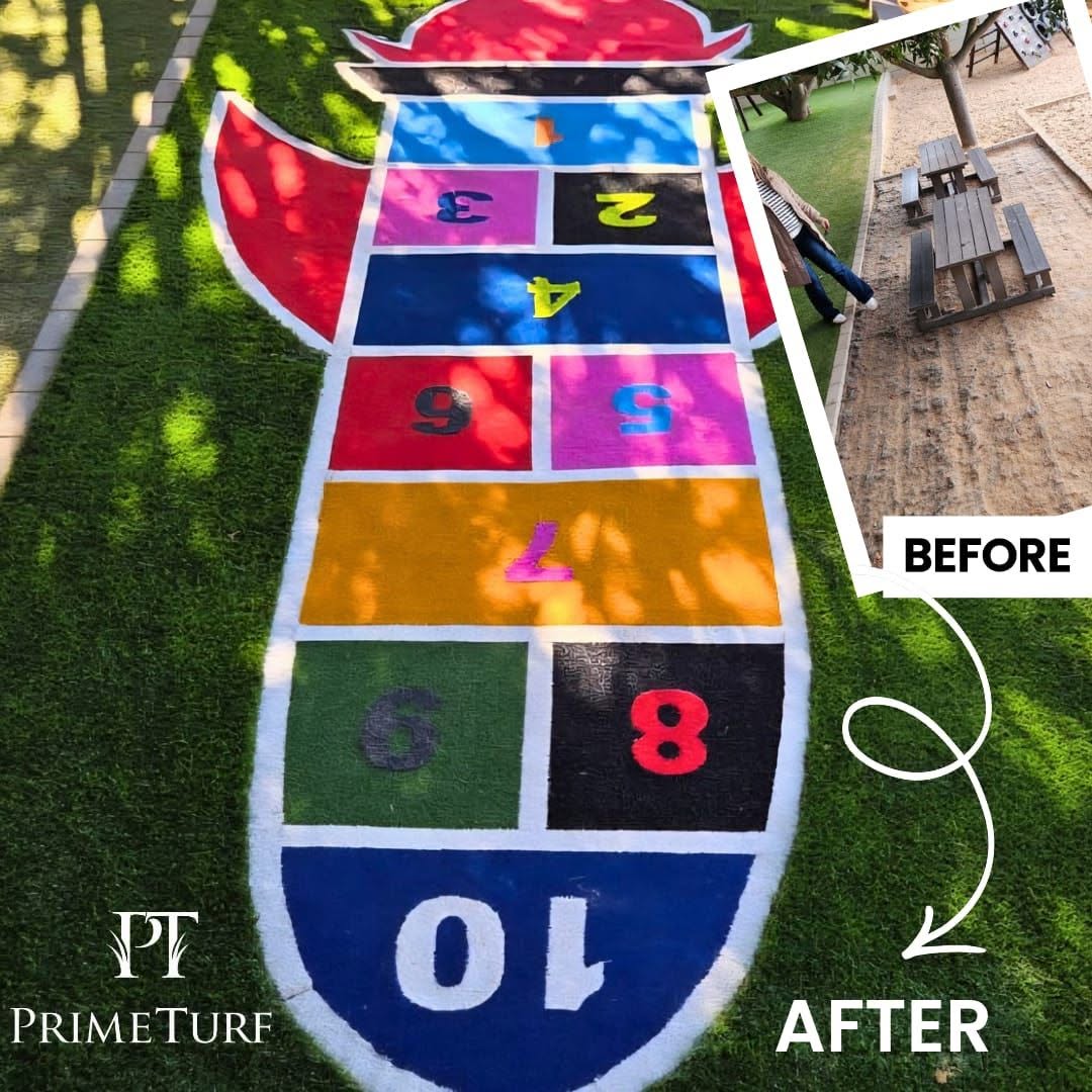 A painted hopscotch grid on artificial grass, with the inset photograph showing the same area as bare sand before installation