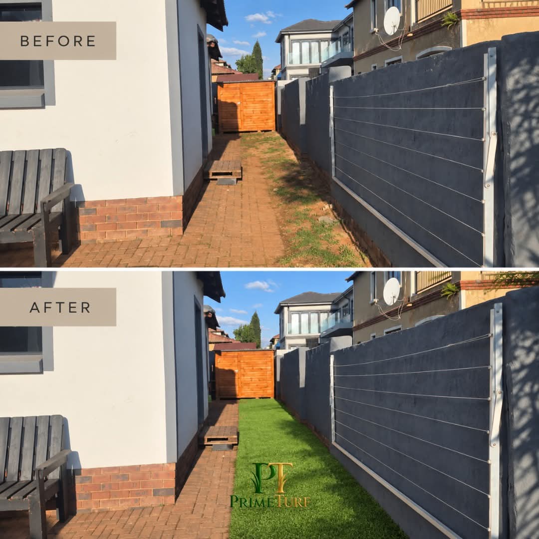 Before and after: a narrow side passage of bare soil and weeds beside brick paving, finished with artificial grass