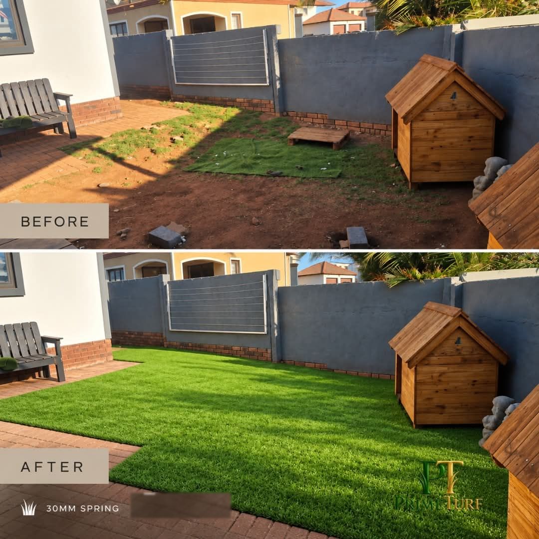 Before and after: a bare-soil dog run beside a timber kennel, finished with 30mm Spring artificial grass
