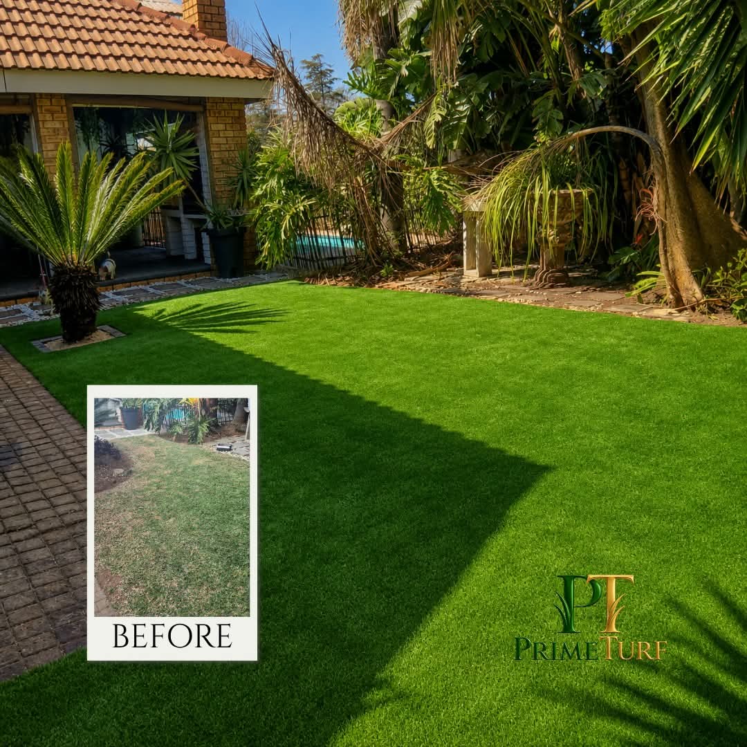 A finished artificial lawn beside a brick home and cycad, with an inset photograph of the patchy lawn before installation
