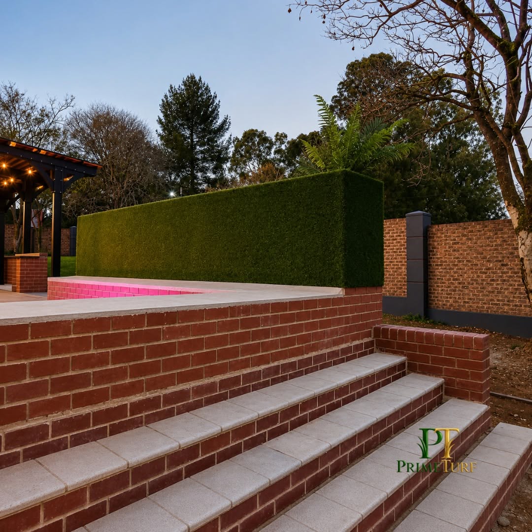 Artificial hedge panels forming a screen wall above face-brick steps on the same property