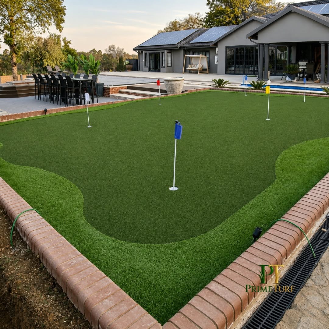 Completed artificial putting green with five flagged holes, bordered by brick paving and a swimming pool