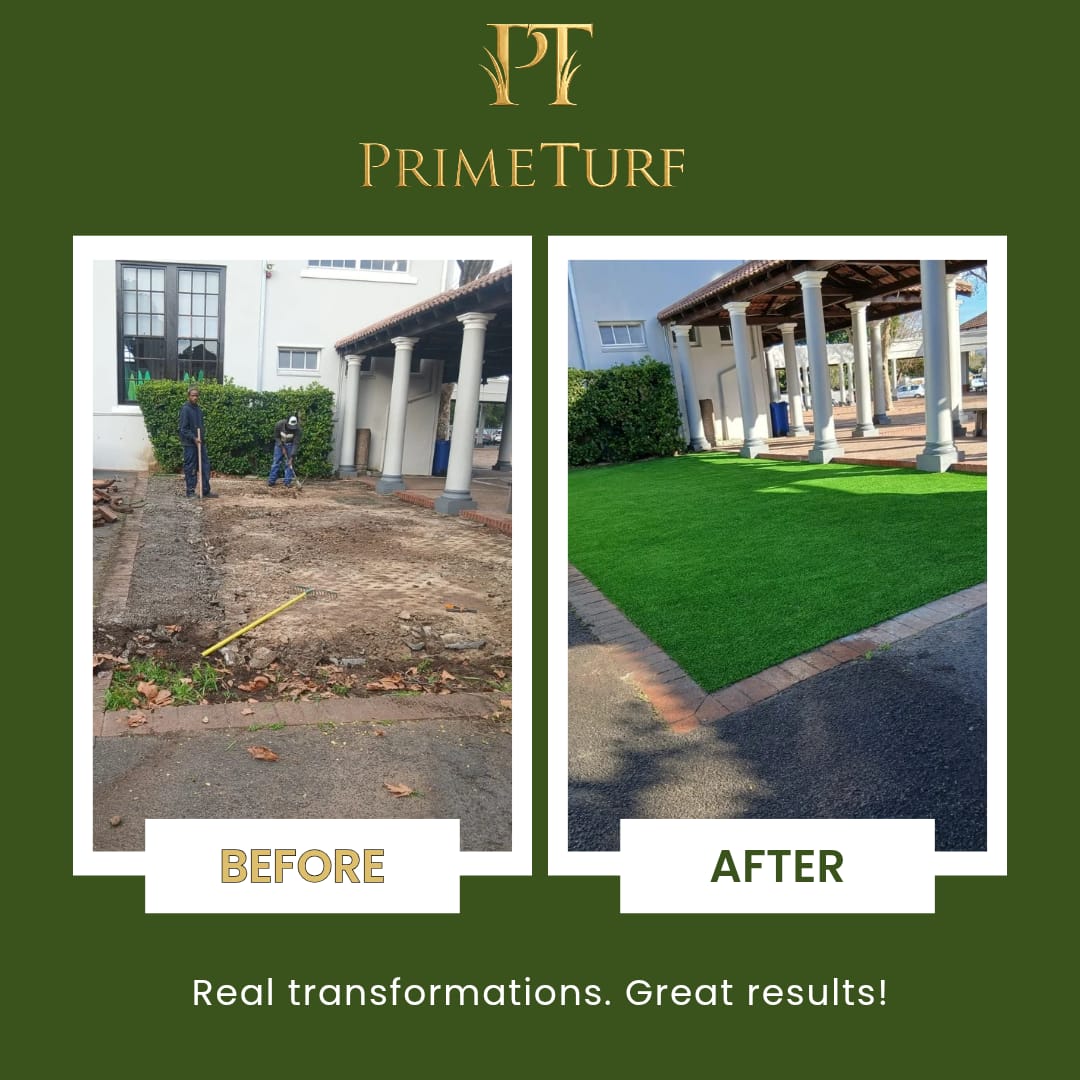 Before and after: an excavated courtyard beside a colonnade finished with artificial grass