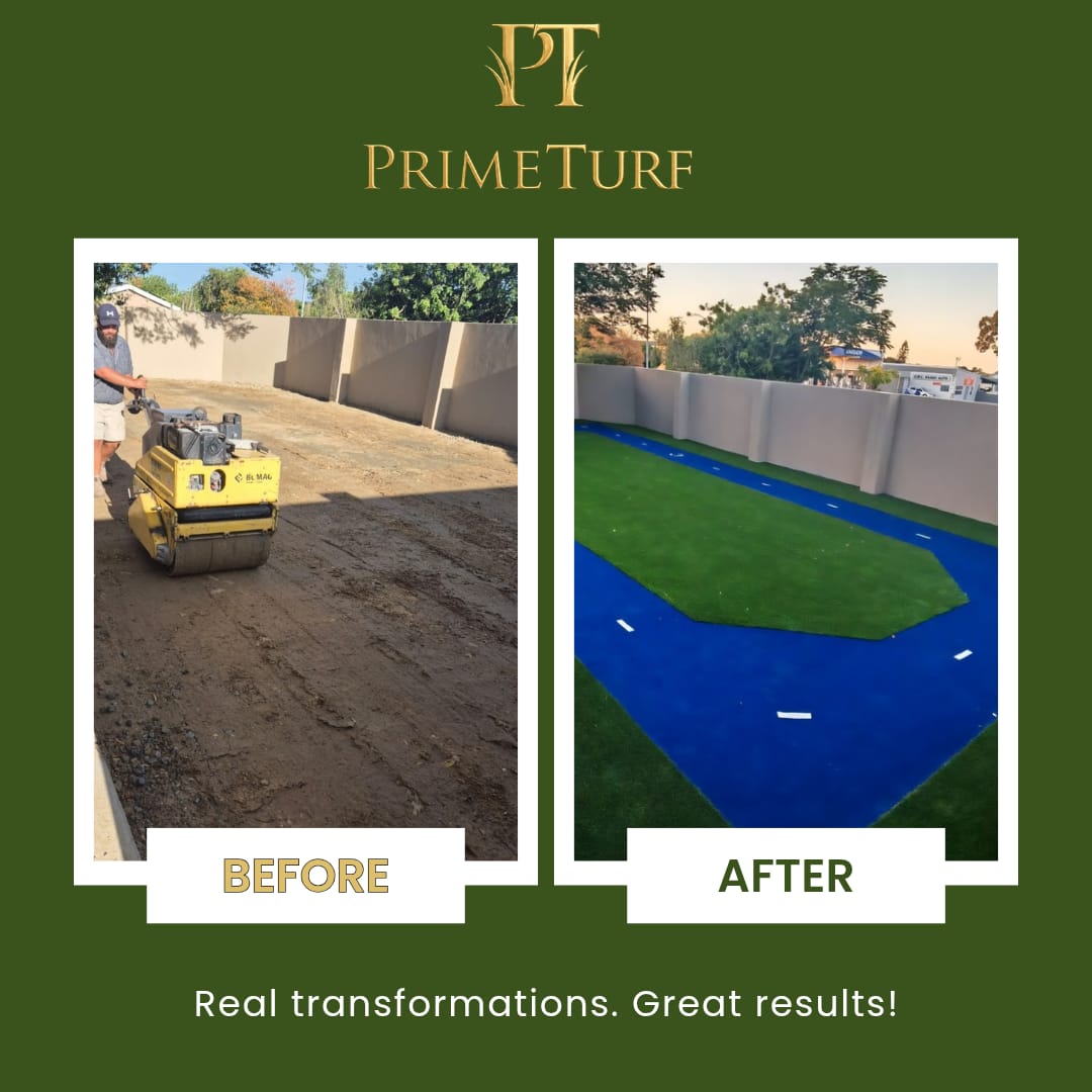 Before and after: a compacted soil base being rolled, then a finished green and blue artificial turf play track