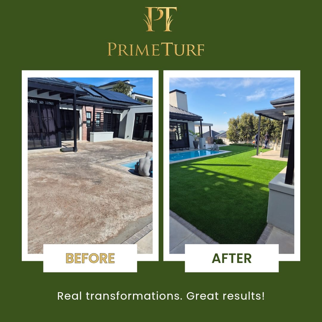 Before and after: bare compacted ground beside a pool finished as an artificial lawn