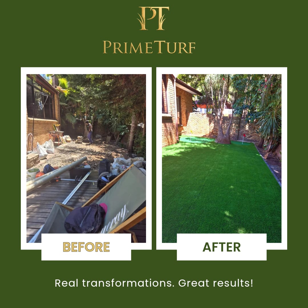 Before and after: a cleared, rubble-strewn side garden finished as an artificial lawn with putting cups